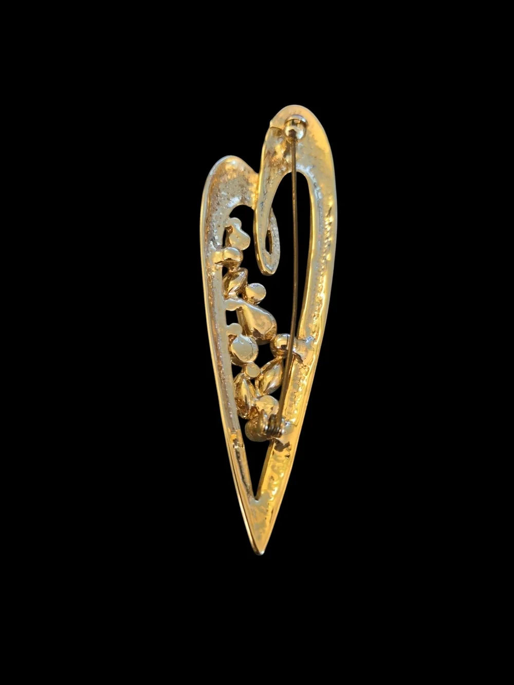 Gold-Tone Elongated Heart Brooch with Pink and Iridescent Stones